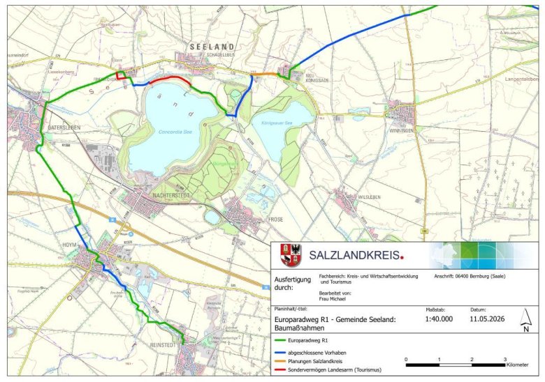 This map section illustrates the current status of the development of the R1 European cycle route in the Seeland area