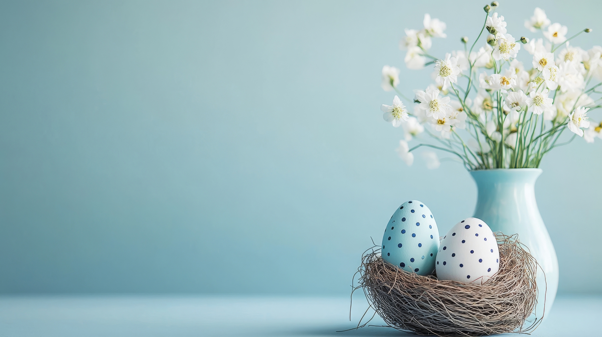 Hand-painted eggs with dots, against an Easter blue background A pastel blue Easter background with two hand-painted eggs with dots lying in an artistically designed nest on the right-hand side of the picture. A vase filled with white flowers stands to the side against a soft turquoise background. The scene is captured from a frontal perspective, creating a calm and minimalist composition. This image epitomises simplicity while showcasing elegant details such as delicate patterns and natural textures.