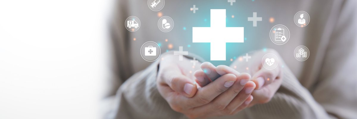 Woman with outstretched hand holding a plus sign symbolising medical health care. Concept for health insurance and health. Access to social benefits, health and copy space.