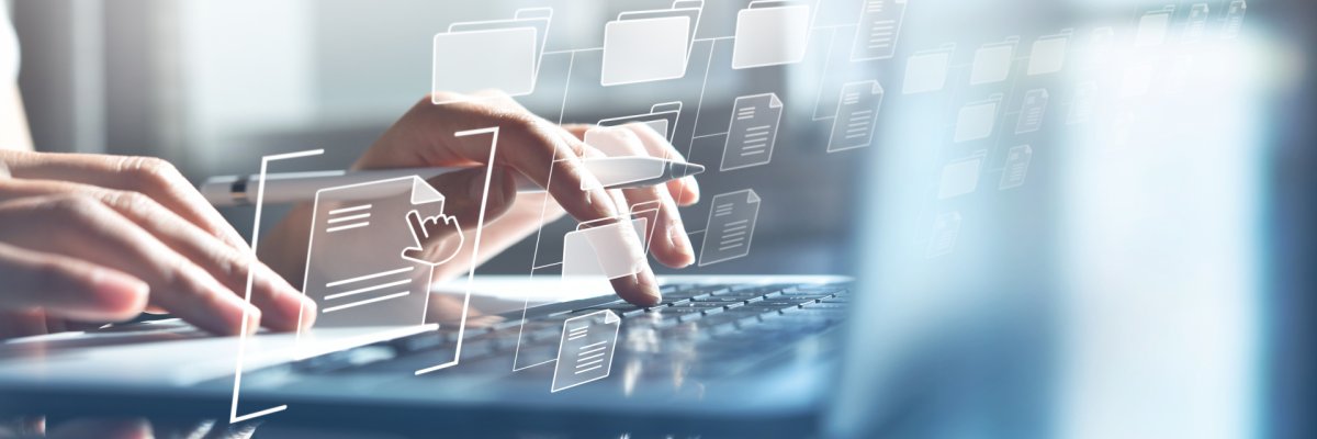 Document management system (DMS) is set up by an IT consultant on a laptop in the office. Software for archiving, searching and managing company files and information.