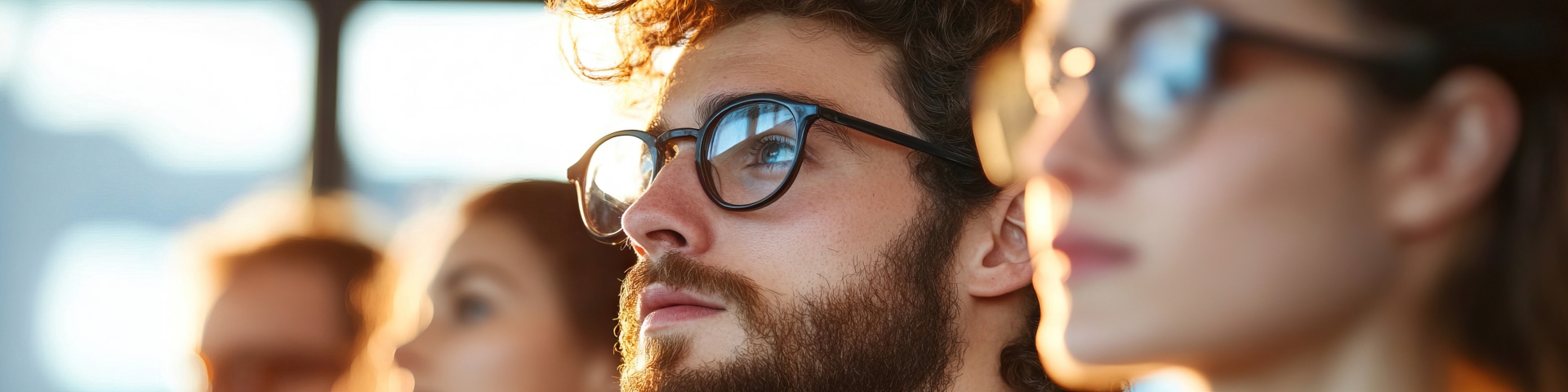 Varios rostros, algunos con gafas, mirando de lado a lado hacia arriba a la izquierda.
