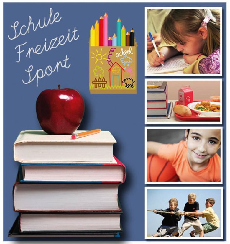 Educación y participación Collage con manzana, bolígrafos, libros escolares y niños.