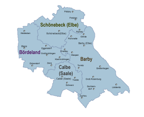 Mapa de las localidades de la zona de responsabilidad de la oficina de empleo de Schönebeck