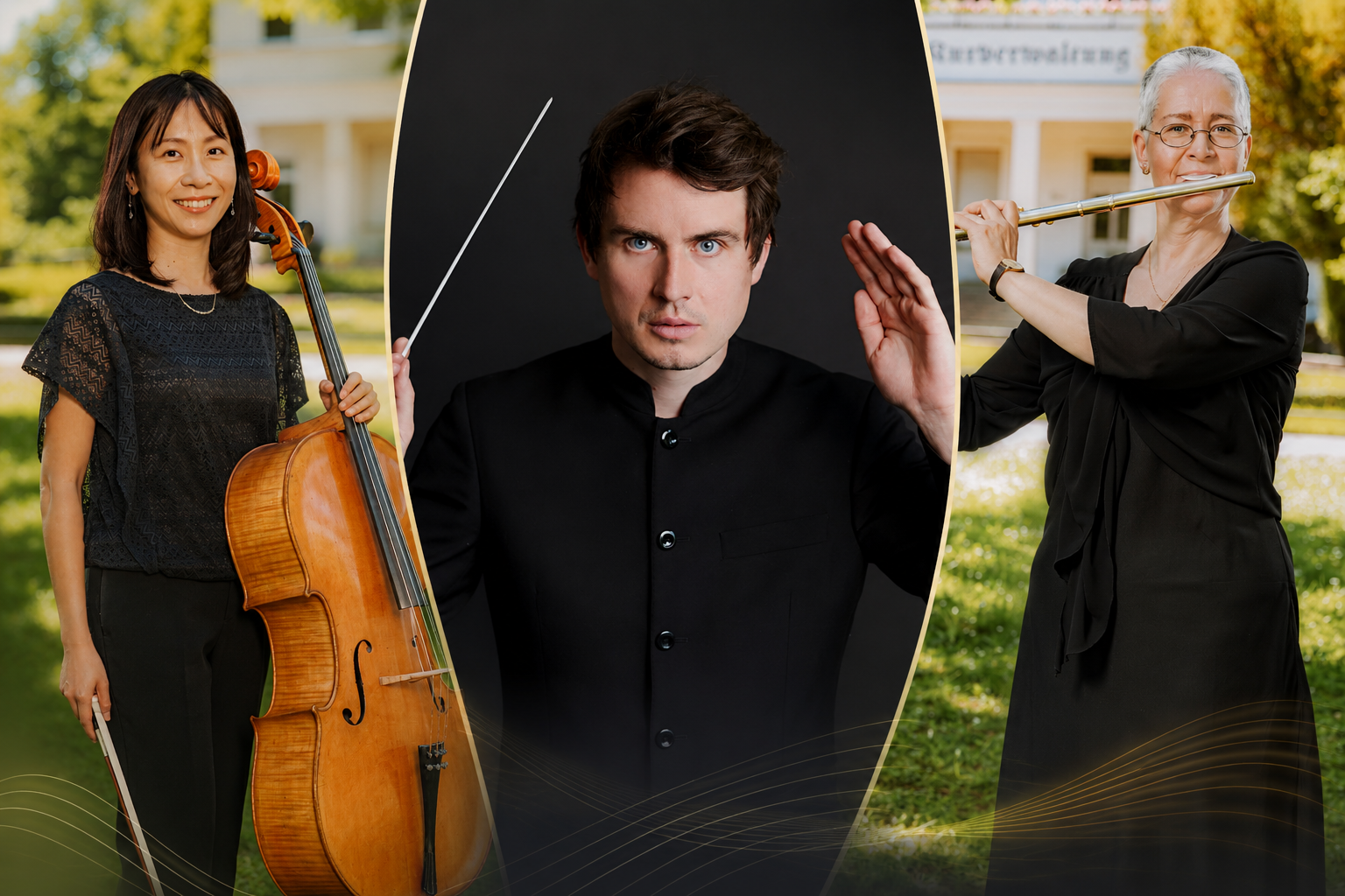Collage fotográfico - Mariko Okabayashi, violonchelo / Felix Koltun, piano / Gabriele Zucker, flauta Collage fotográfico - Mariko Okabayashi, violonchelo / Felix Koltun, piano / Gabriele Zucker, flauta