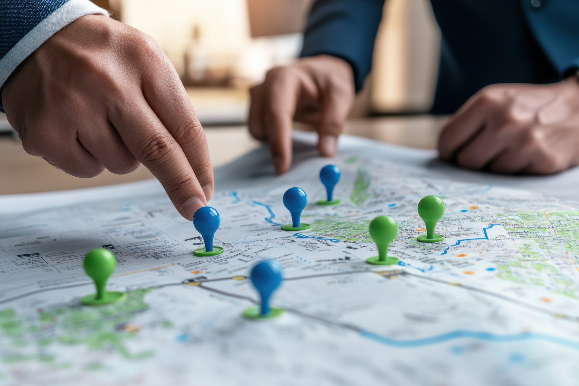 Expansión estratégica: las manos apuntan a un mapa de oportunidades de entrada en el mercado y estrategias de crecimiento