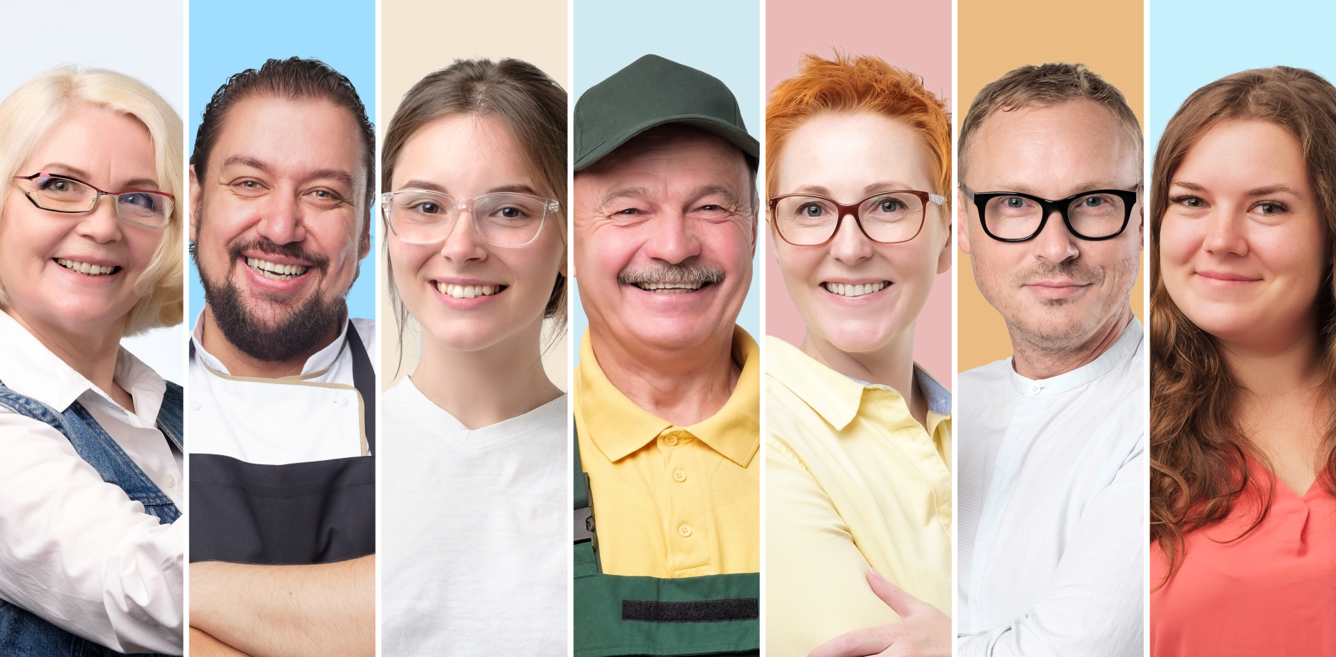 Collage de plusieurs visages. Les visages représentent différents domaines professionnels.