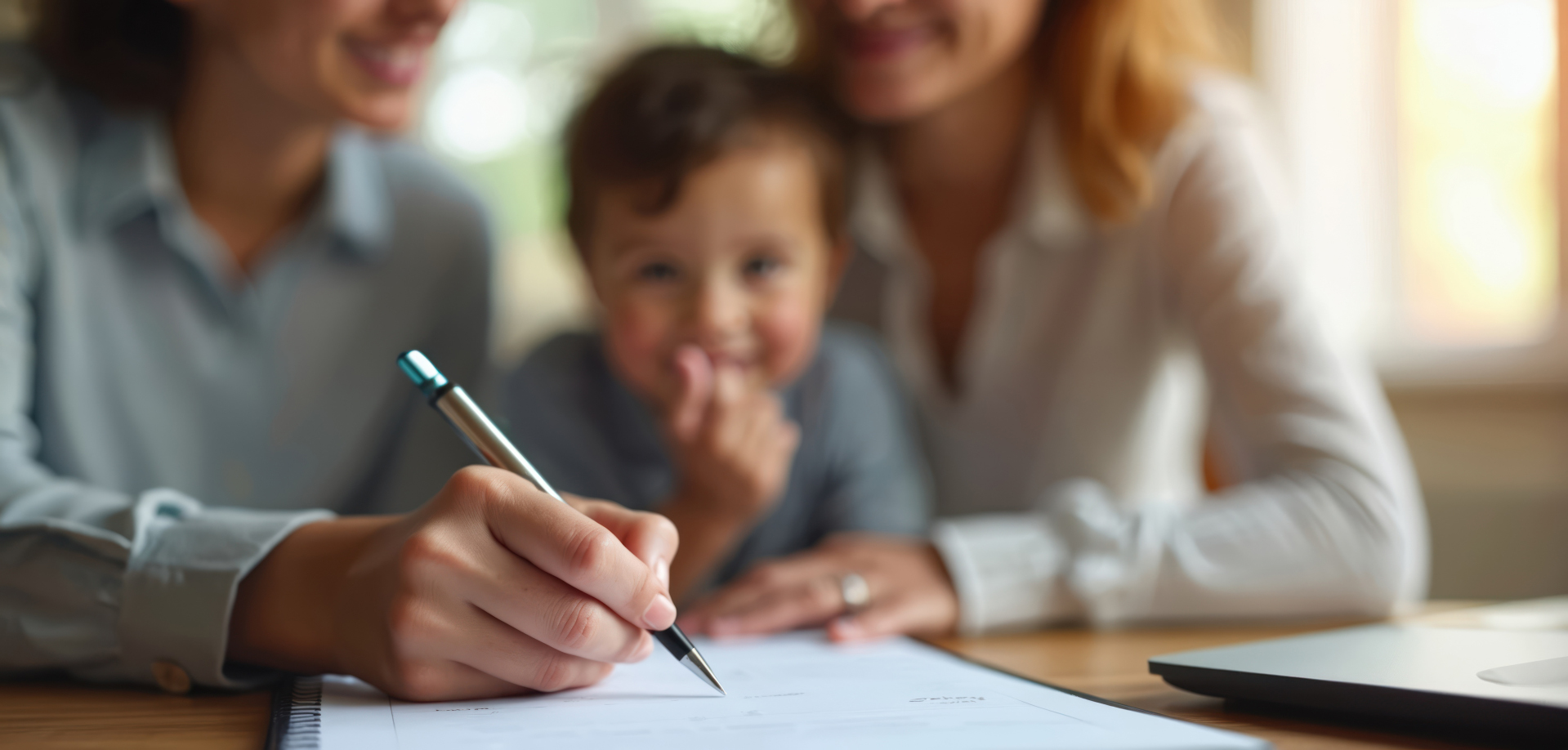 Signature Une jeune famille avec un bébé signe un document.