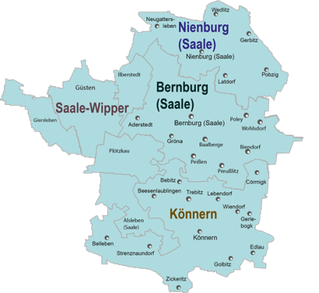 Carte de la région de Bernburg Carte des localités relevant de la compétence du site du Jobcenter de Bernburg