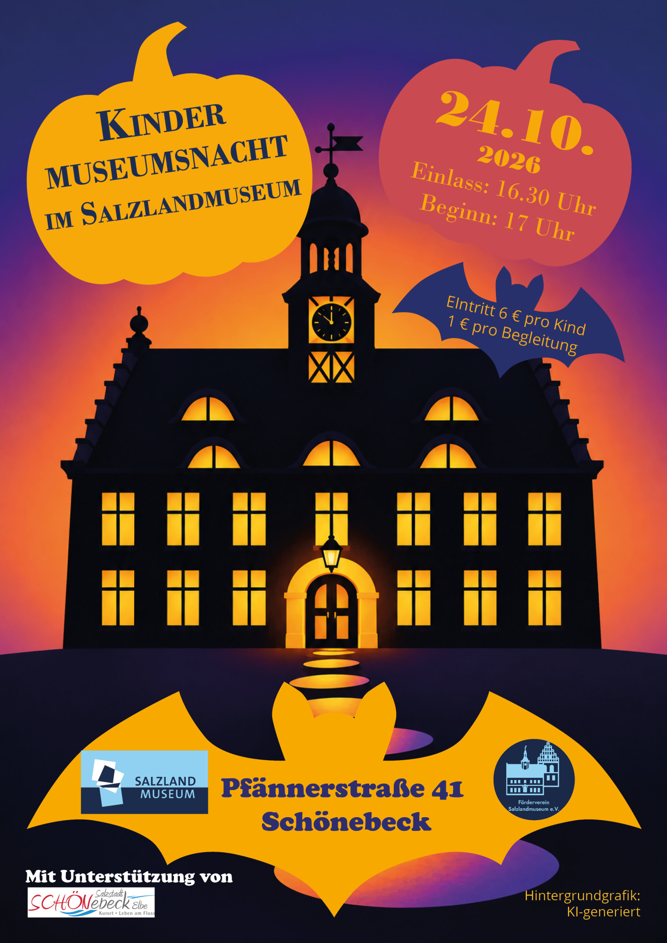 Plakat zur Veranstaltung "Kindermuseumsnacht" im Salzlandmuseum Schönebeck am 24. Oktober 2026